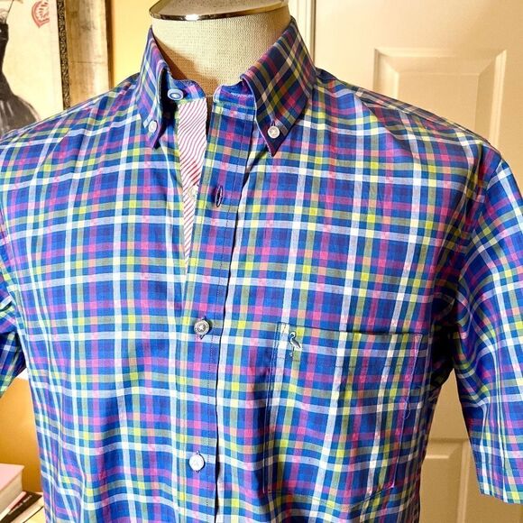NWOT Men's Tailorbyrd Stretch Cotton Colorful Plaid Button Down Shirt Sz MEDIUM - Picture 2 of 5